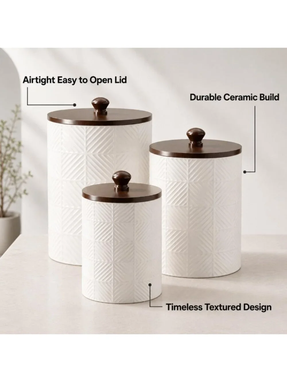 Airtight Ceramic Kitchen Canister Set of 3 with Bamboo Lids - Flour, Sugar, Tea